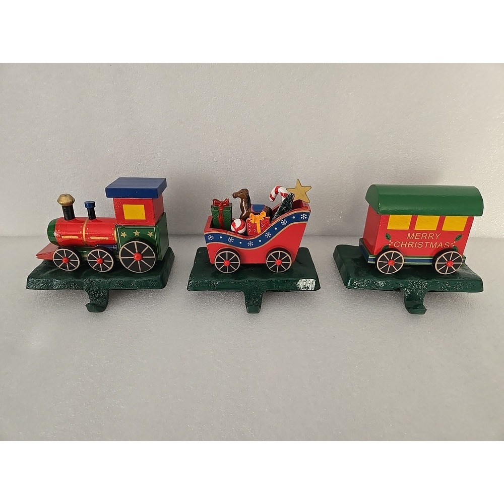 Set Of 3 Christmas Cast Iron Wood Vintage Train Presents Stocking Hangers Holder